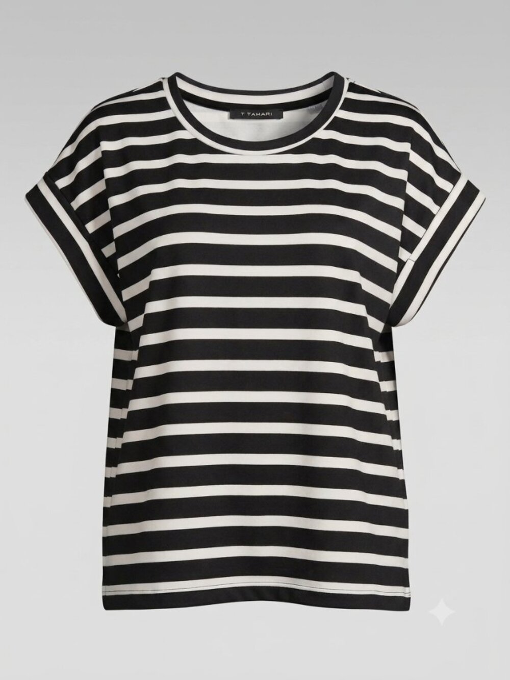 T Tahari Black & White Striped Short Sleeve Crewneck Tee XS